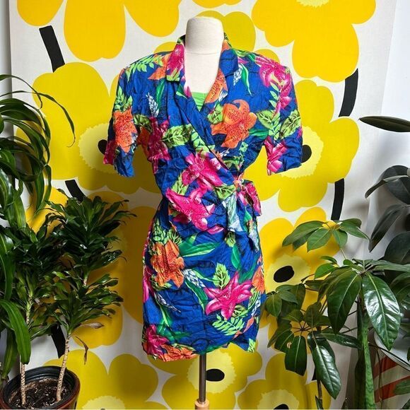 Vintage 80s / 90s Neon Tropical Hawaiian Tiki 3 piece Beach Vacation Skirt Set - Picture 10 of 13